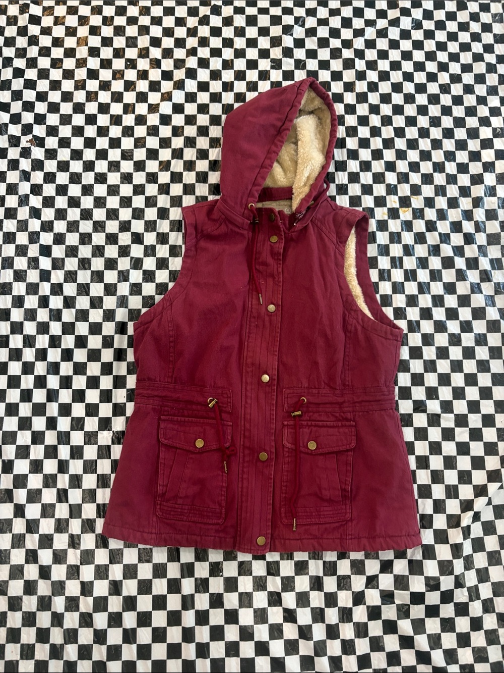 Sleeveless Hooded Vest in Deep Maroon with Sherpa Lining